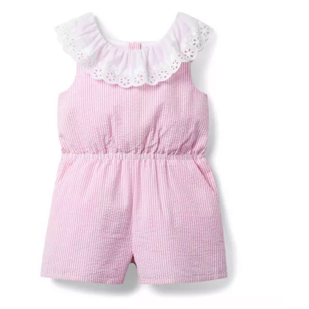 💖🤍Janie and Jack🤍💖 EUC 2T Pink and White Seersucker Romper.  Adorable!
